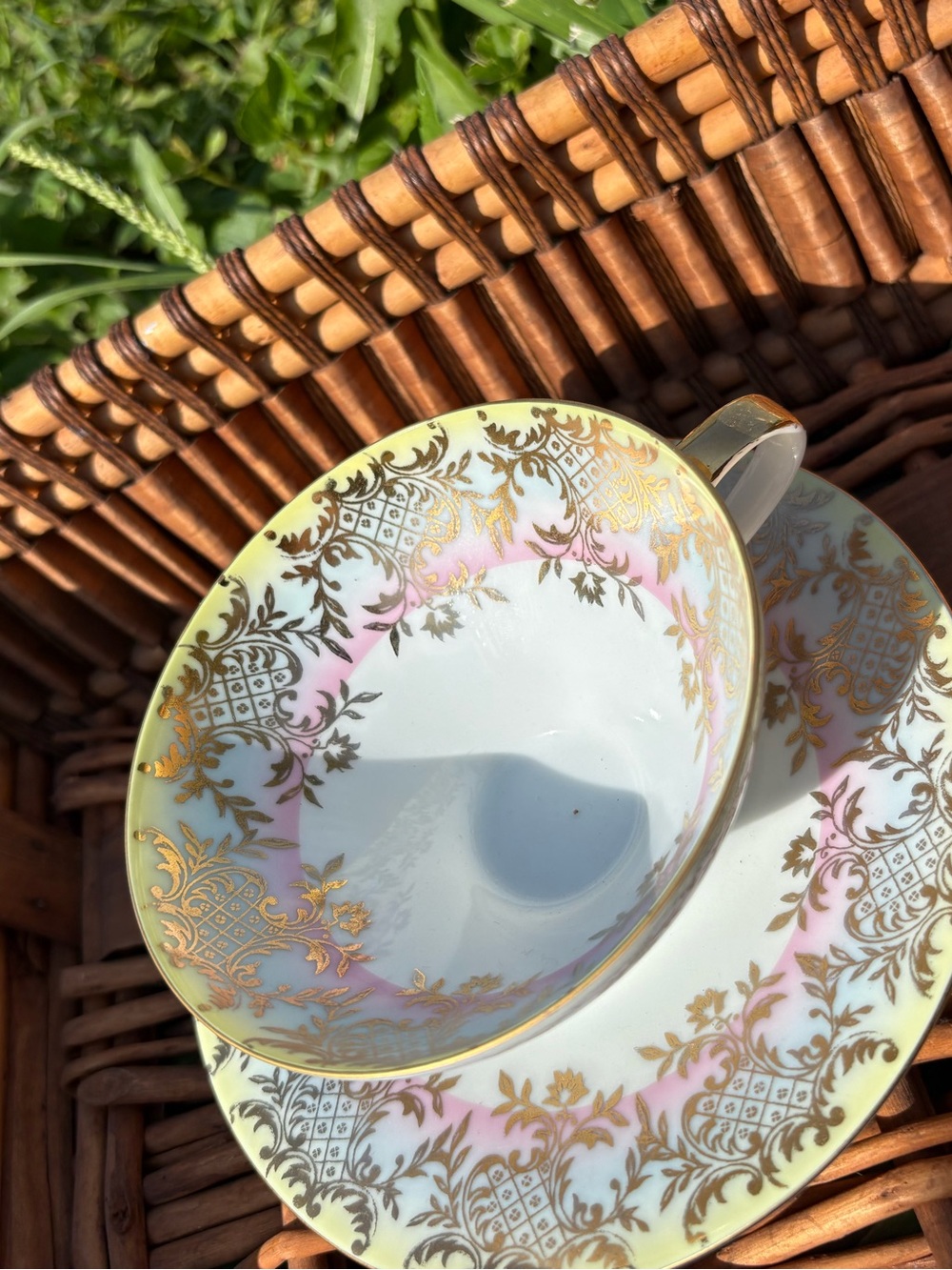 Source Unknown Pink and Gold Porcelain Teacup with Saucer